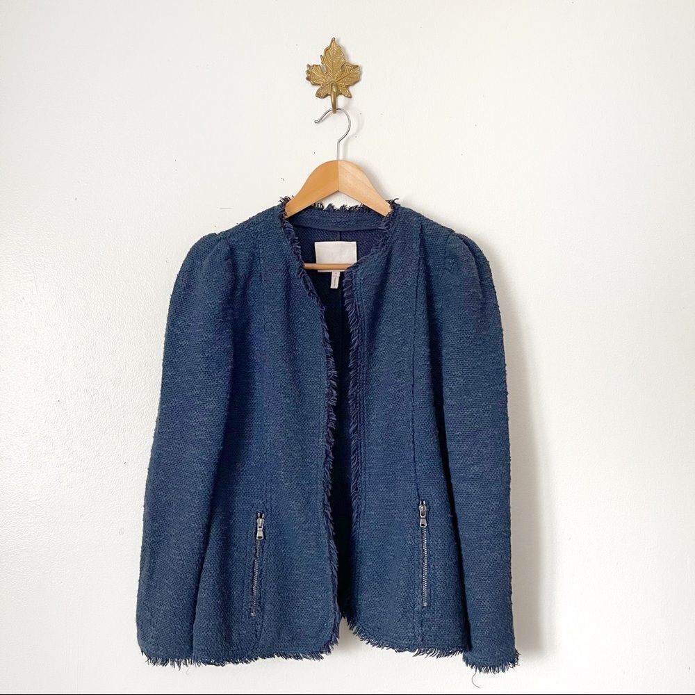Rebecca Taylor Navy Blue Tweed Fringe open front blazer size 4 preowned